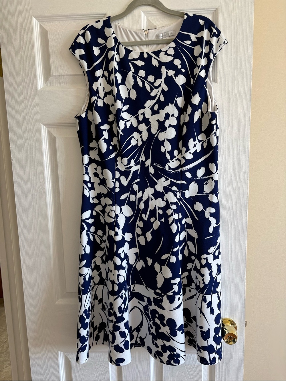 London Times Navy and White Floral Fit-and-Flare Dress